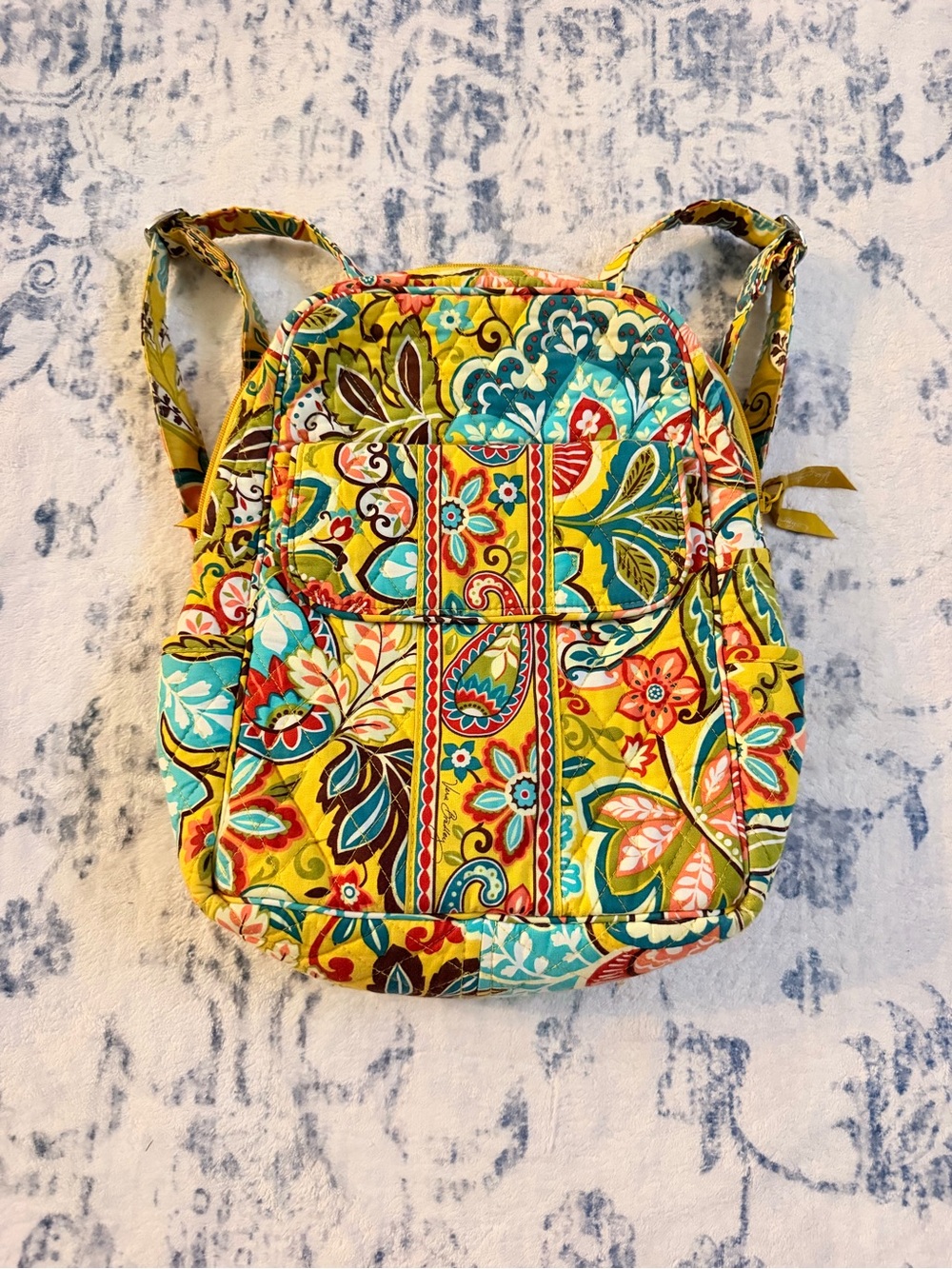 Vera Bradley Yellow Floral Quilted Backpack with Teal & Red Accents